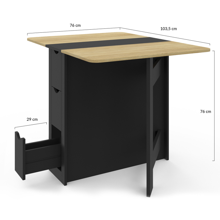 Table console pliable EDI 2-4 personnes avec 3 tiroirs noirs plateau façon hêtre 103 x 76 cm