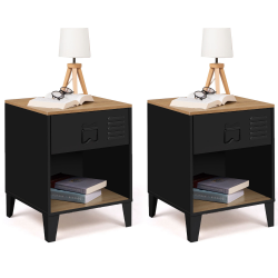 Lot de 2 tables de chevet ESTER 1 tiroir métal noir avec niche et plateau façon hêtre design industriel