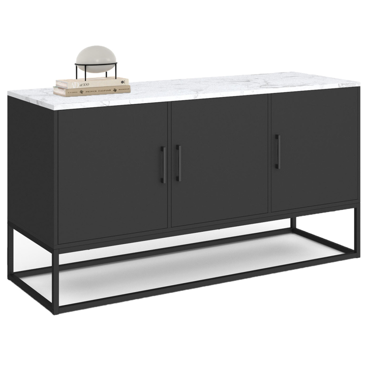 113cm laag dressoir met wit marmereffect bovenblad en 3 zwarte deuren - ALASKA | ID Market