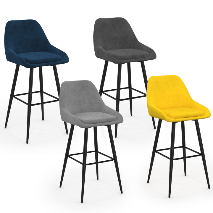 Lot de 4 tabourets de bar THALYA en velours mix color bleu, gris clair, gris foncé, jaune