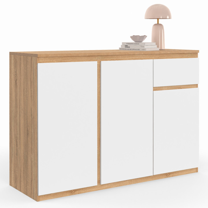 Buffet 100 cm blanc et bois 3 portes 1 tiroir - TOMI | ID Market