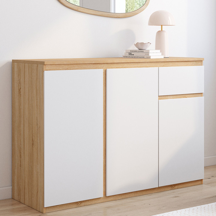 Buffet 100 cm TOMI 3 portes et 1 tiroir blanc et bois