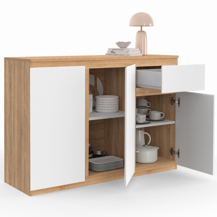 Buffet 100 cm blanc et bois 3 portes 1 tiroir - TOMI | ID Market