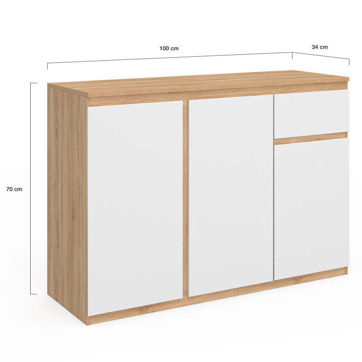 Buffet 100 cm blanc et bois 3 portes 1 tiroir - TOMI | ID Market