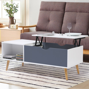 table basse scandinave grise et blanche sur pieds en bois, avec tablette relevable blanche