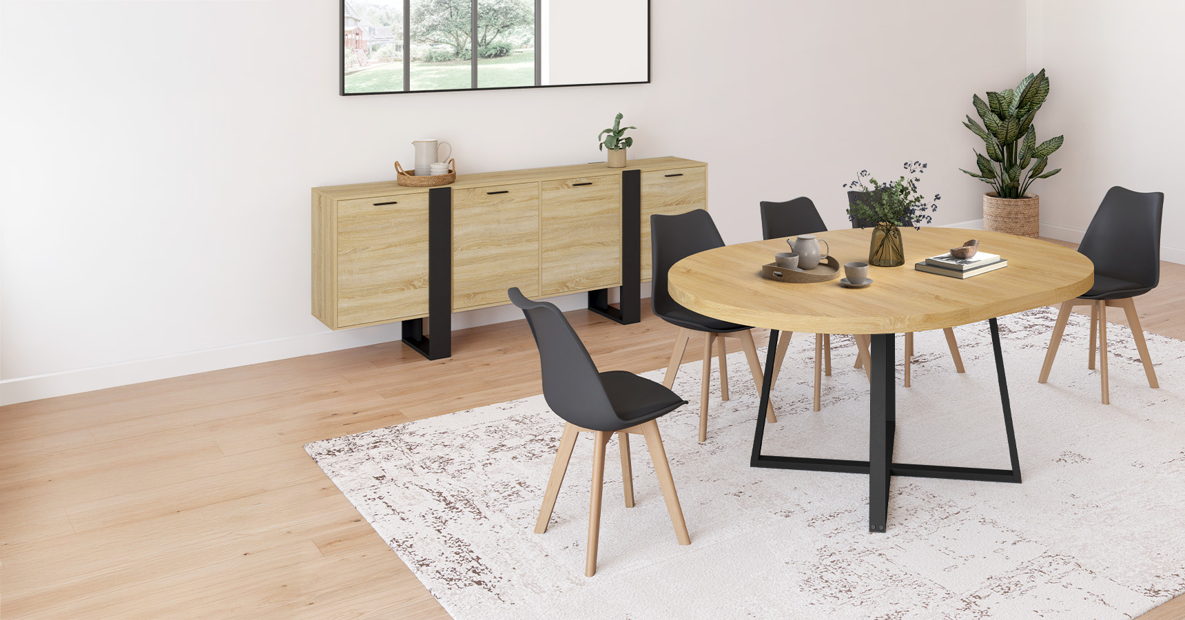 Table à manger extensible ronde SELMA 4-8 personnes bois et noir 110-150 cm