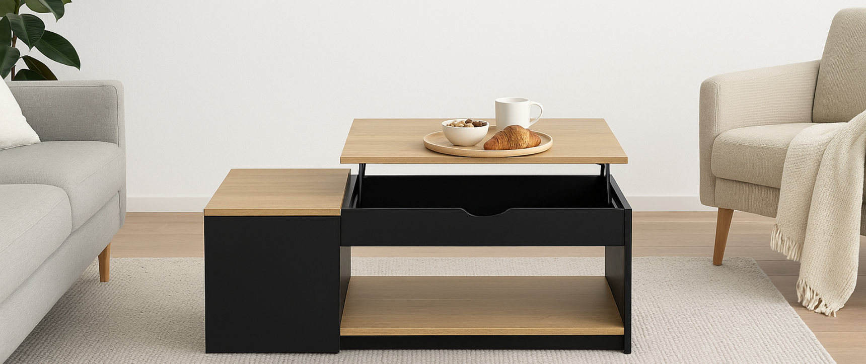 Table basse plateau relevable rectangulaire ELEA avec coffre bois noir et façon hêtre