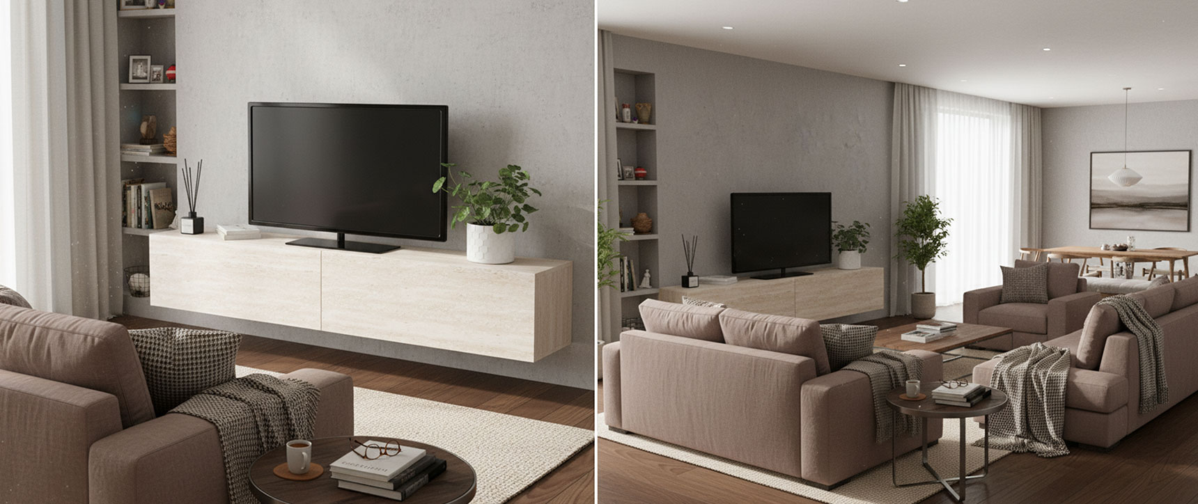 Meuble TV 180 cm suspendu ELIO 2 portes bois effet travertin