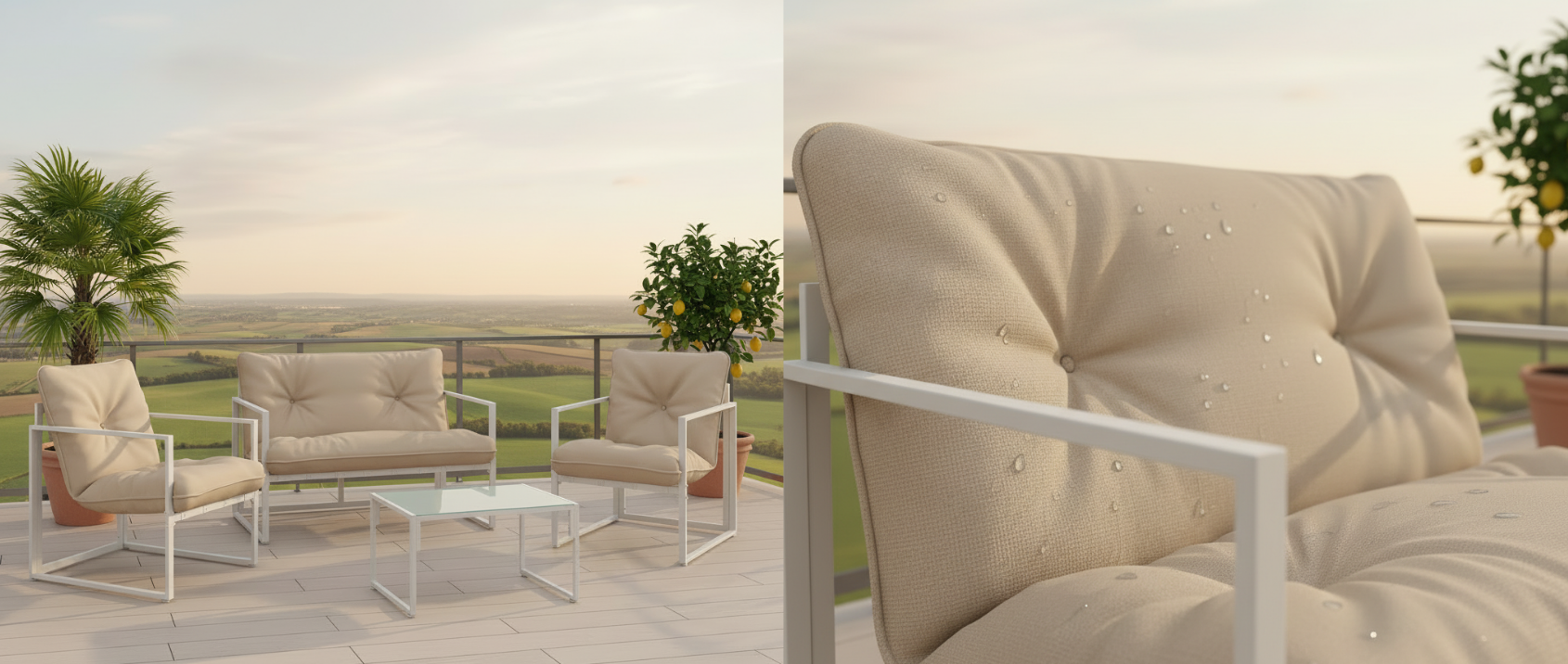 Salon de jardin bas NAIROBI 4 places en acier blanc et coussins beiges