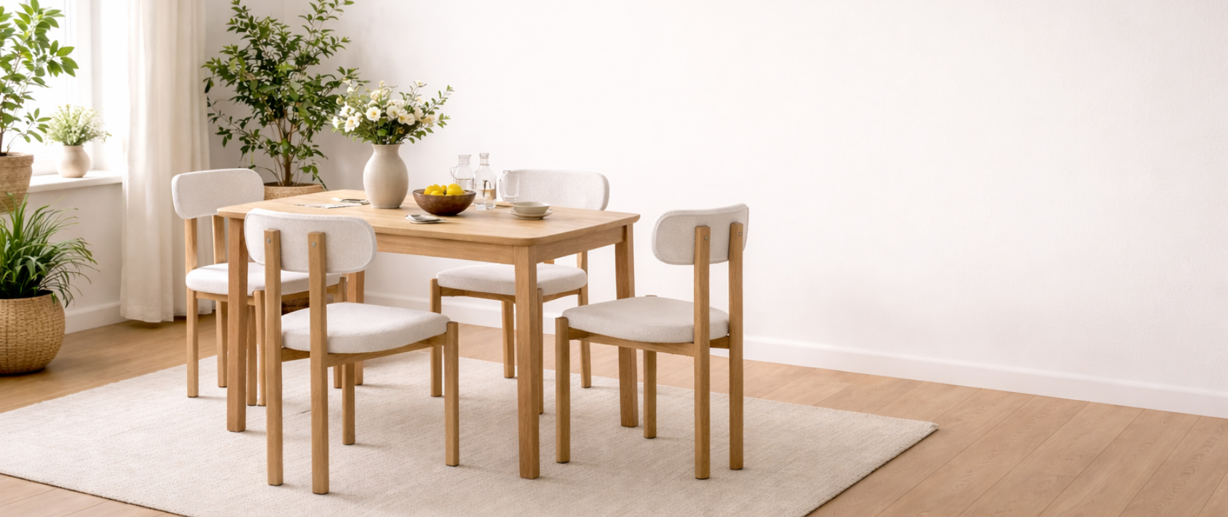 Set van 4 ESMA eetkamerstoelen van metaal met houteffect en bouclette stof